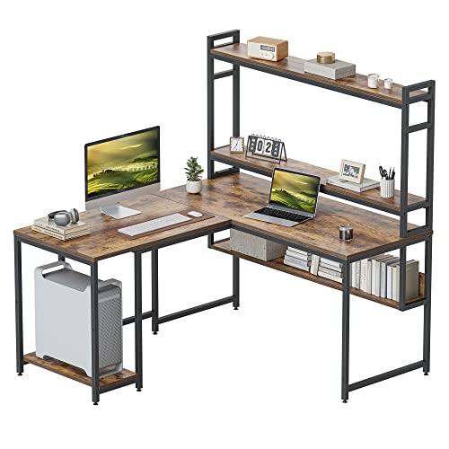 CubiCubi L Form Schreibtisch mit Stall, 150 cm Eckschreibtisch, Heimbüro, Gaming-Tisch mit Regalen, platzsparend, Braun