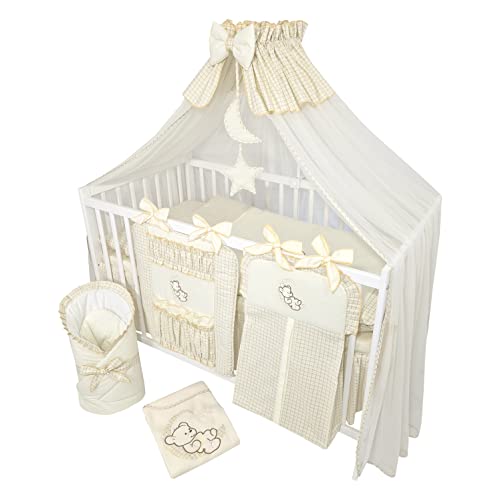 Bello24 - 16 Teiliges Babybett Kinderbett und Bettwäsche komplett Set Happy Leo inkl. Matratze höhenverstellbar für Neugeborene Babys und Kleinkinder aus Massivholz (Teddybär Mond Hellbeige)