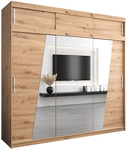 Kryspol Schwebetürenschrank Rhomb 250 cm mit Spiegel Kleiderschrank mit Kleiderstange und Einlegeboden Schlafzimmer- Wohnzimmerschrank Schiebetüren Modern Design (Artisan Eiche mit Erweiterung)