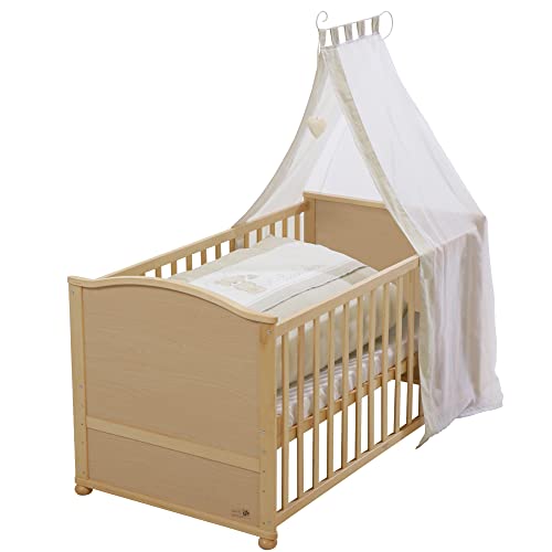 roba Babybett Set Liebhabbär - 70 x 140 cm - Kinderbett komplett mit Bettwäsche, Himmel, Matratze - Höhenverstellbar - Gitterbett in Juniorbett umbaubar - Holz natur