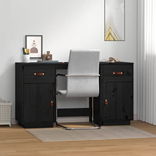APCSA Möbelschreibtisch mit Schränken schwarz 135x50x75 cm Massivholz Kiefer Büromöbel