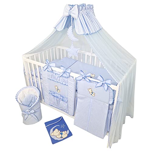 Bello24 - 16 Teiliges Babybett Kinderbett und Bettwäsche komplett Set Happy Leo inkl. Matratze höhenverstellbar für Neugeborene Babys und Kleinkinder aus Massivholz (Teddybär Mond - Blau)