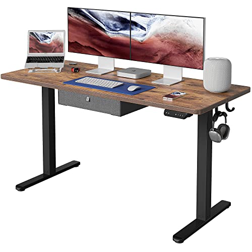 FEZIBO Schreibtisch Höhenverstellbar Elektrisch mit Schublade, 120 x 60 cm Stehtisch, Stehpult Home Office mit Spleißbrett, Weißer Rahmen/Hellbraun Tischplatte