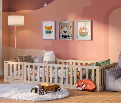 Bellabino Tapi Kinderbett 90 x 200 cm, Montessori Bodenbett inkl. Rausfallschutz und Lattenrost mit Tür für Jungen und Mädchen aus Kiefer Massivholz in Natur lackiert