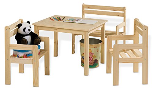 Home4You Sitzgruppe Kindersitzgruppe Kindertischgruppe | Holz Kiefer Massiv | Tisch, 2 Stühlen & Sitzbank