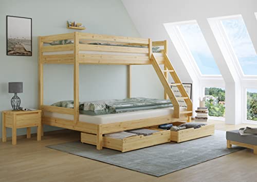 Erst-Holz® Doppel-Etagenbett 140x200 und 90x200 Erwachsenen-Stockbett Kiefer Massivholz Natur V-60.18-09-14, Ausstattung:Rollrost und Doppelbettkasten inkl.