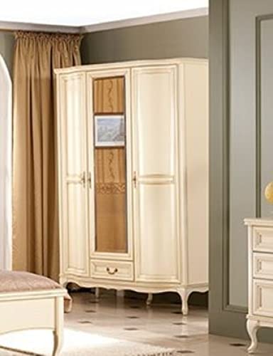 Casa Padrino Luxus Jugendstil Schlafzimmerschrank Cremefarben 147,8 x 63,5 x H. 206 cm - Massivholz Kleiderschrank mit 3 Türen und Schublade - Barock & Jugendstil Schlafzimmer Möbel