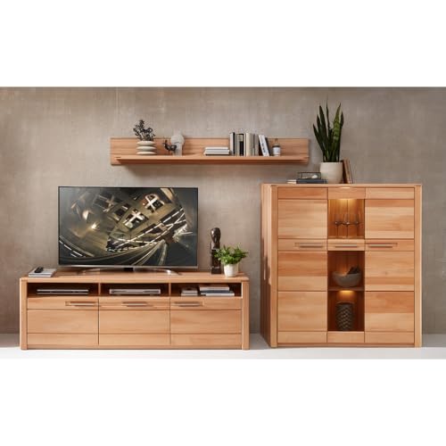 Lomadox Wohnwand Wohnzimmermöbel TV-Lowboard, Wandboard, Highboard, Beleuchtung, Fronten Kernbuche massiv