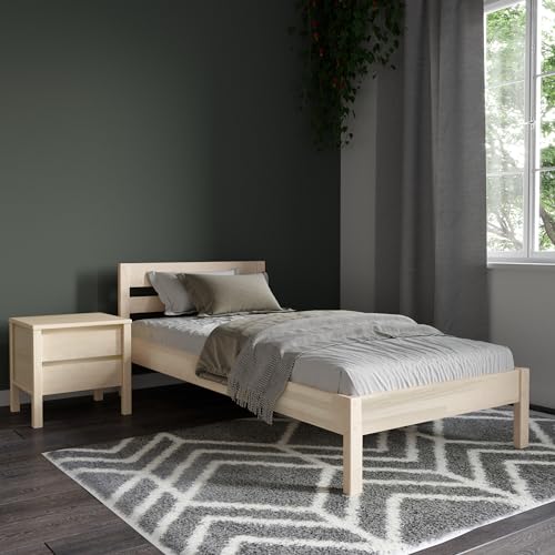 Hansales Holzbett 90x200 cm Kaja Scandi Style ohne Rollrost aus unbehandeltem hartem FSC® Birken Massivholz - über 350 kg - Einzelbett Bettgestell mit Kopfteil - Kinderbett Jugendbett Gästebett