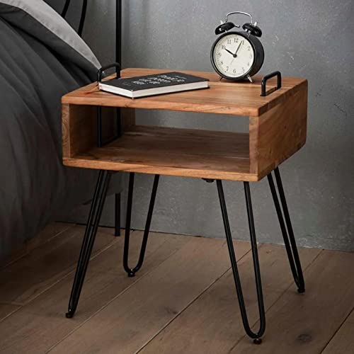 RINGO-Living Massivholz Nachttisch mit Fach Lani, Stauraum Nachttisch Industrial Style, Wohnzimmertisch 48 cm hoch, Nachttisch Industrie, Haarnadel Metallbeine, Nachttisch Holz, Nachttisch braun