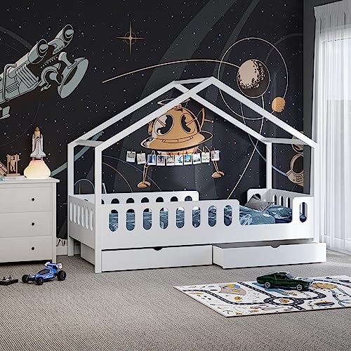 CADANI Kinderbett Hausbett Leo 200x90 cm - Weiß, Massivholz inkl. Balkenkonstruktion, Schublade, Rausfallschutz, Eingang umbaubar, mit Lattenrost