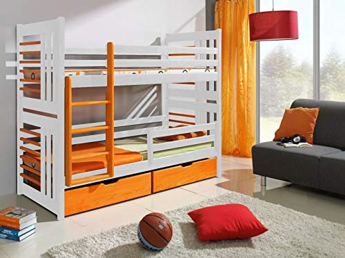 naka24 Massivholz Kiefer Etagenbett 2 Liegeflächen inkl. 2Matratzen Hochbett Roland (weiß/orange)