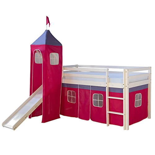 Homestyle4u 1553, Kinder Hochbett Mit Rutsche, Leiter, Turm, Vorhang Pink, Massivholz Kiefer Weiß, 90x200 cm
