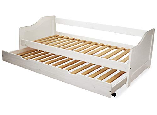 KMH®, Kinderbett/Ausziehbett mit ausziehbarem Bettkasten, incl. 2 Lattenroste (90 x 200 cm/Weiss) (#201101)