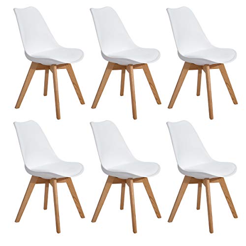 EGGREE 6er Set Esszimmerstühle Skandinavisch Küchenstuhl Stühle Modern mit Massivholz Eiche Bein und Kunstlederkissen, Weiß